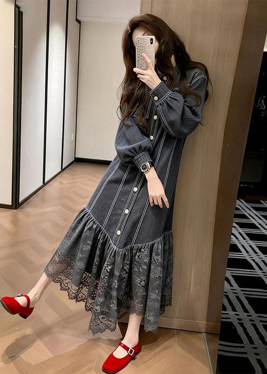 Black Peter Pan Collar Lace Patchwork Denim Dress Spring