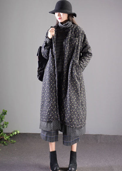 Black Lace Patchwork Fine Cotton Filled Witner Coats Lengthen