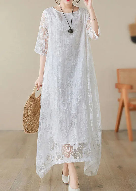Handmade White O Neck Hollow Out Lace Dress Summer