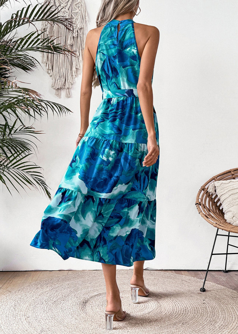 Blue Print Tie Waist Cotton Dresses Sleeveless