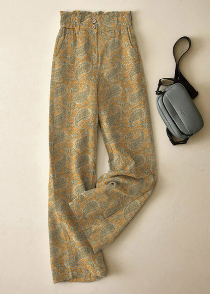 Blue High Waist Button Linen Straigh Pants Summer