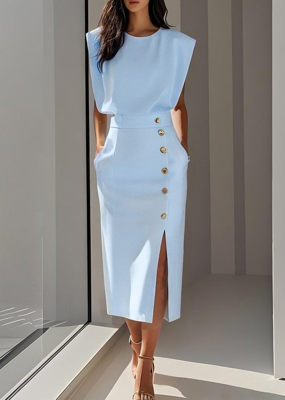 White O Neck Side Open Cotton Long Dress Sleeveless