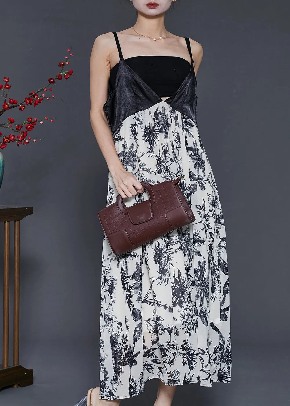 White Print Patchwork Chiffon Bustier Top Dress Summer