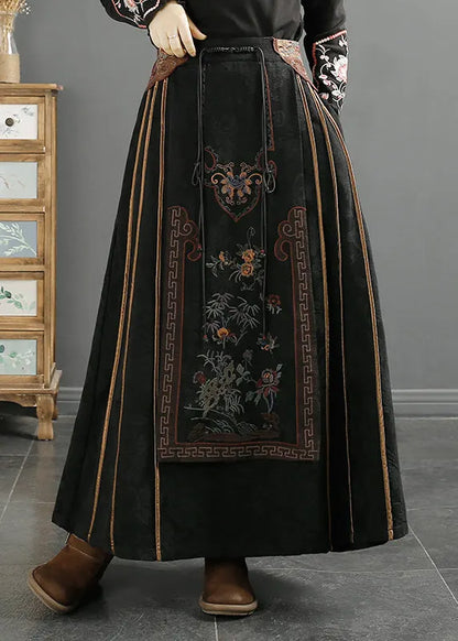 Chinese Style Yellow Edge Tasseled Embroideried Cotton Skirts Fall