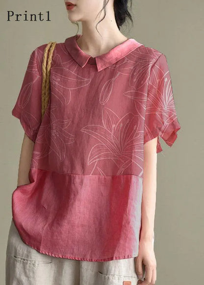 Simple Blue Bird Peter Pan Collar Patchwork Summer Linen Blouses