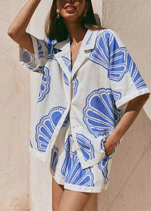 Blue Notched Print Shirts and Shorts Pajama Set
