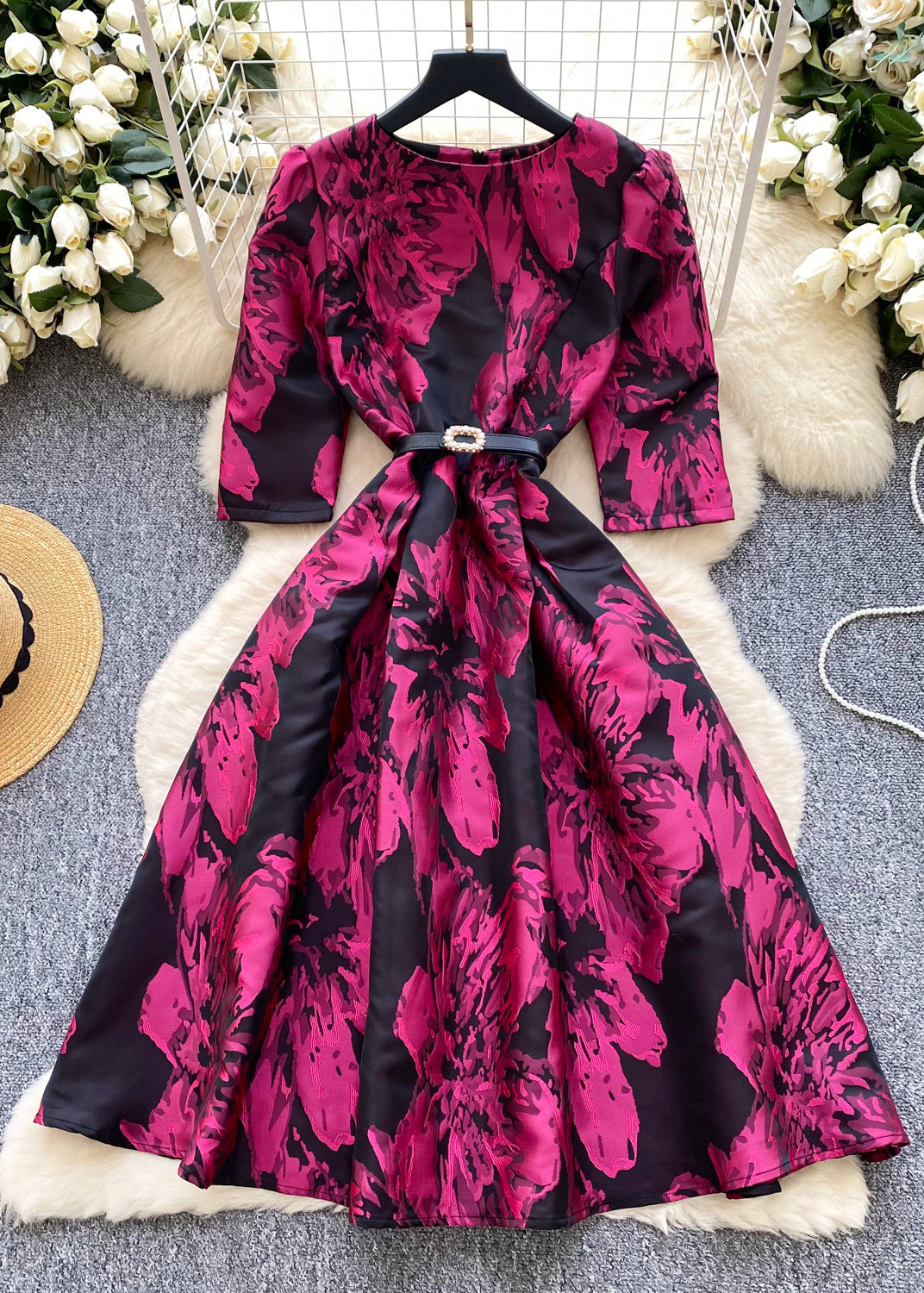 Rose Puff Sleeve Print Party Dresses