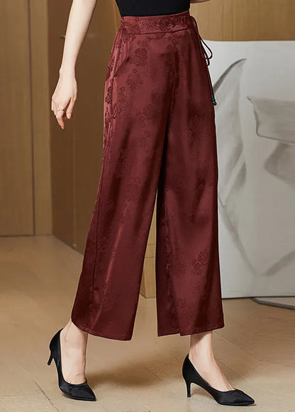 Rust Pockets Silk Wide Leg Pants Elastic Waist