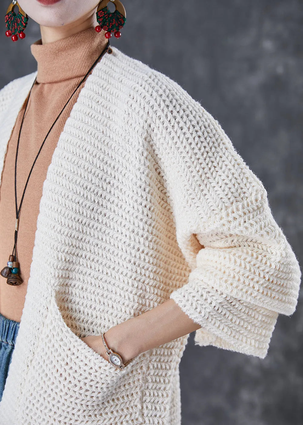 Beige Oversized Pockets Knit Cardigans Fall