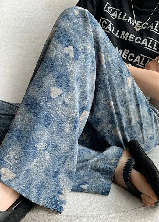 Blue Elastic Waist Tie Dye Silk Straight Pants Spring