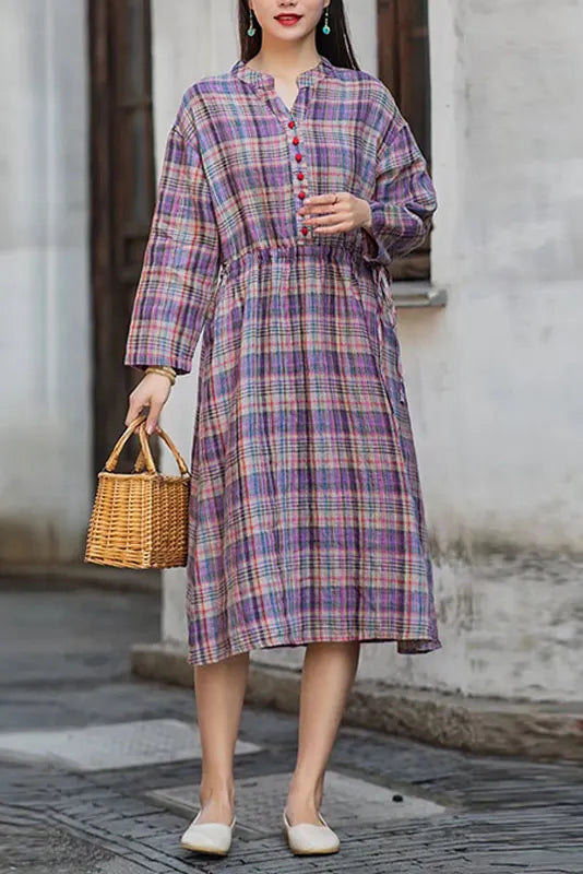 -new Cotton Linen Plaid Dress Long Skirt