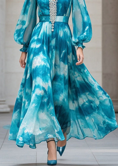 Peacock Blue Cinched Tie Dye Chiffon Ankle Dress Fall