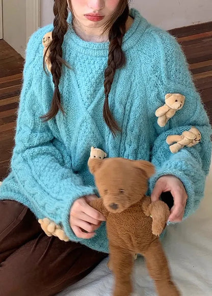 Modern Blue O-neck Little Bear Thick Cotton Knit Sweaters Fall
