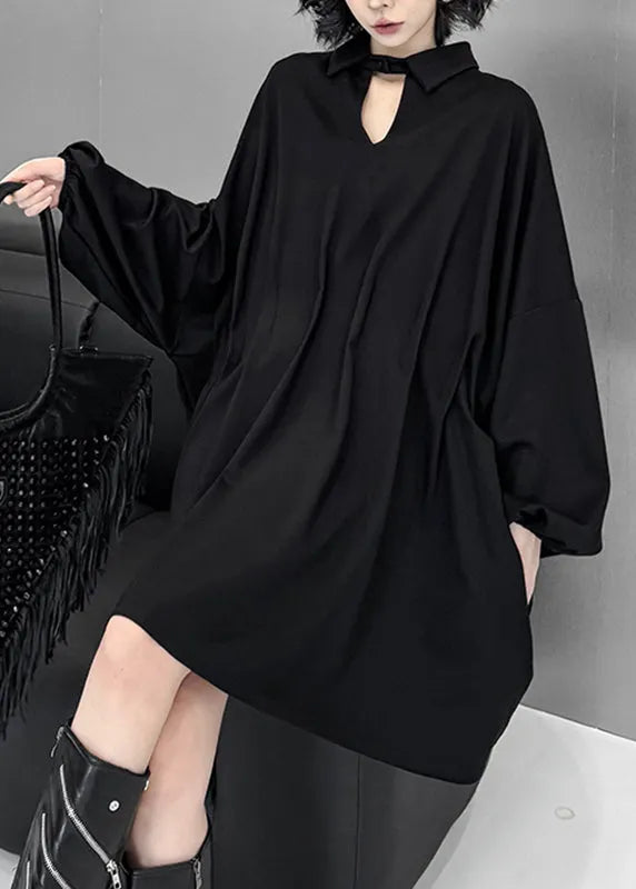 Black Hollow Out Mid Dress Lantern Sleeve