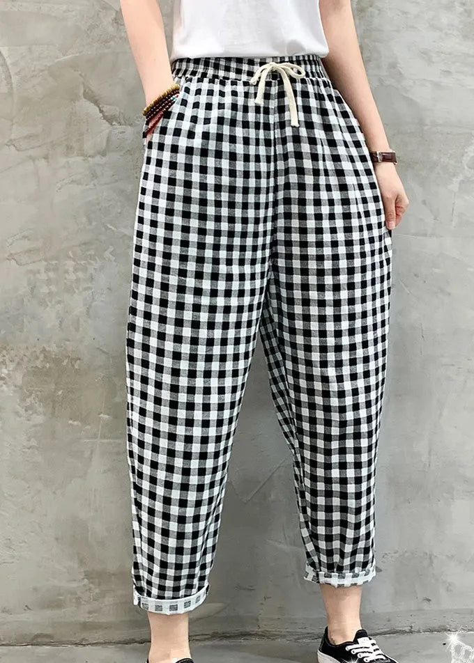Black White Plaid Tie Waist Crop Beam Pants