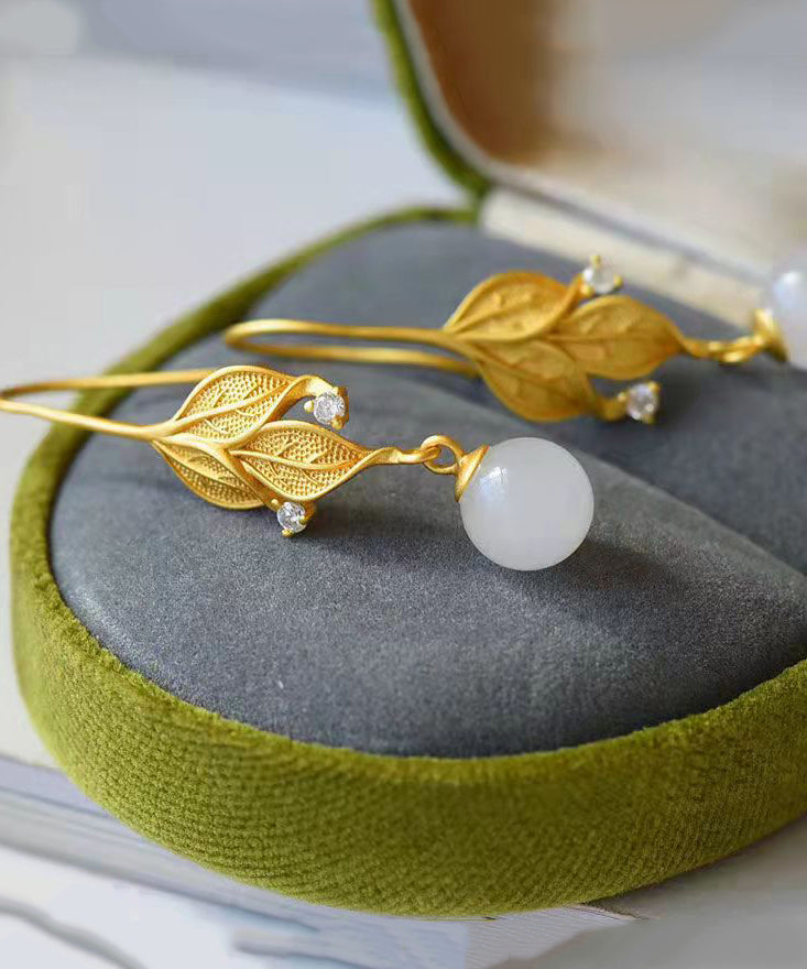 Gold Sterling Silver Overgild Zircon Jade Leaf Drop Earrings
