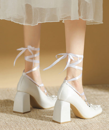 Pink Lace Up Splicing Chunky High Heels Pink Satin