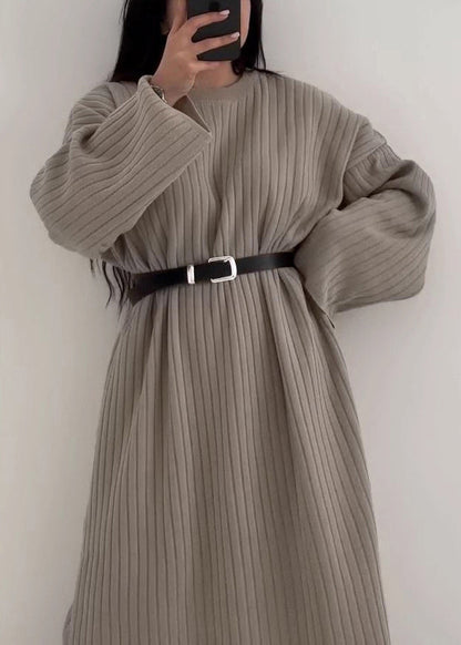 Grey O Neck Long Knit Sweaters Dress Fall