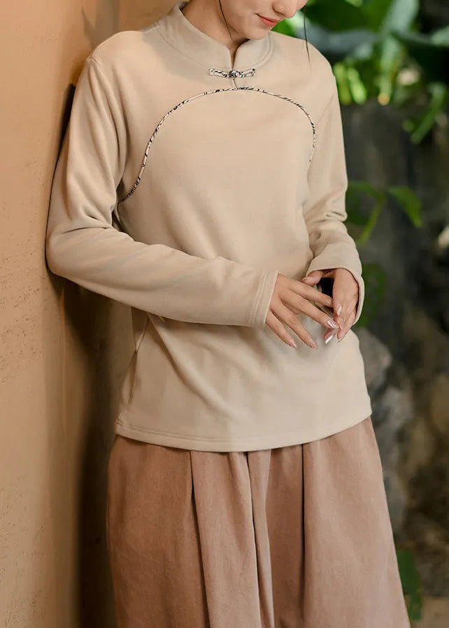 Boutique Beige Stand Collar Oriental Button Cotton Top Spring
