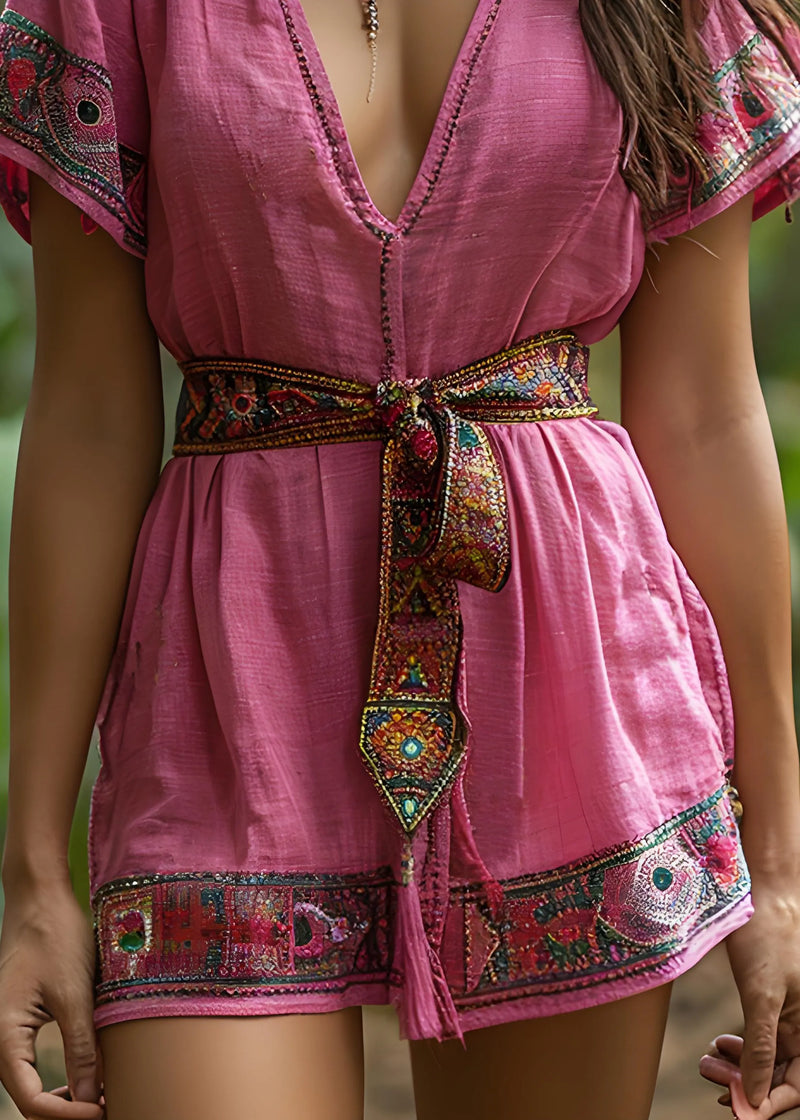 Pink V Neck Lace Up Patchwork Cotton Mid Dresses Summer