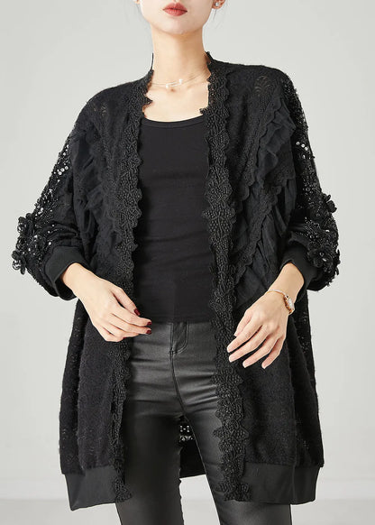Black Ruffled Nail Bead Lace Cardigan Spring