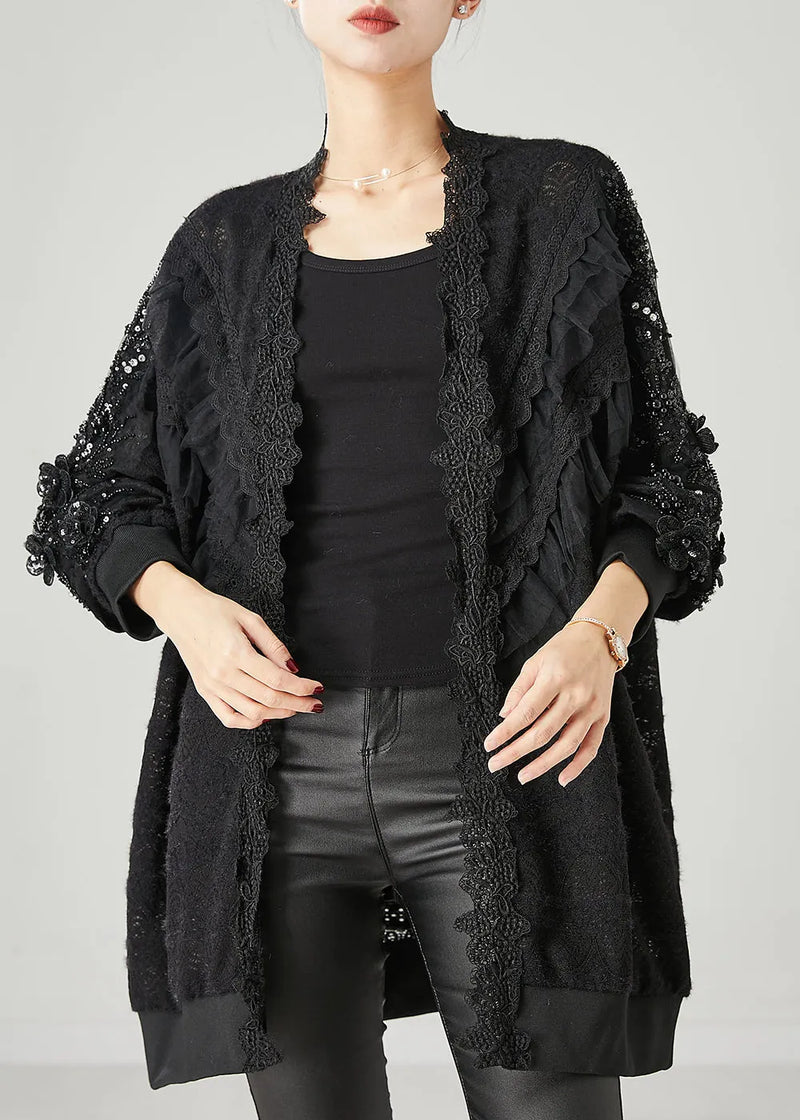 Black Ruffled Nail Bead Lace Cardigan Spring