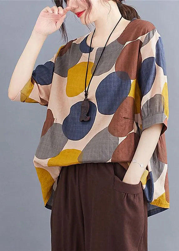 Coffee O Neck Print Patchwork Cotton T Shirts Summer