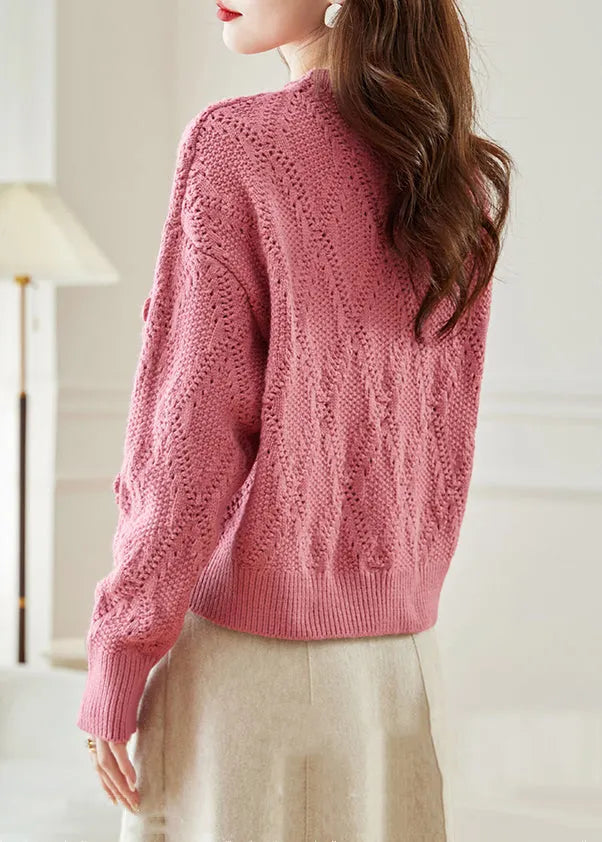 Pink Hollow Out Knit Sweaters Fall