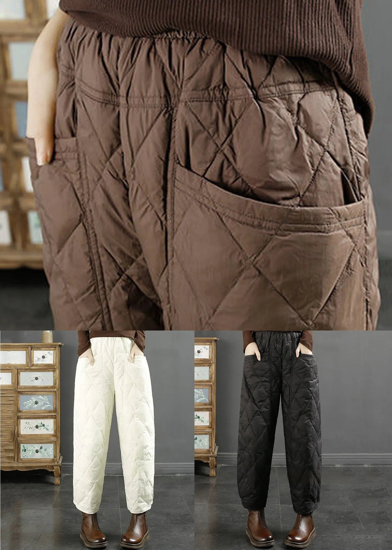 White Plaid Pockets Fine Cotton Filled Winter Beam Pants Elastic Waist