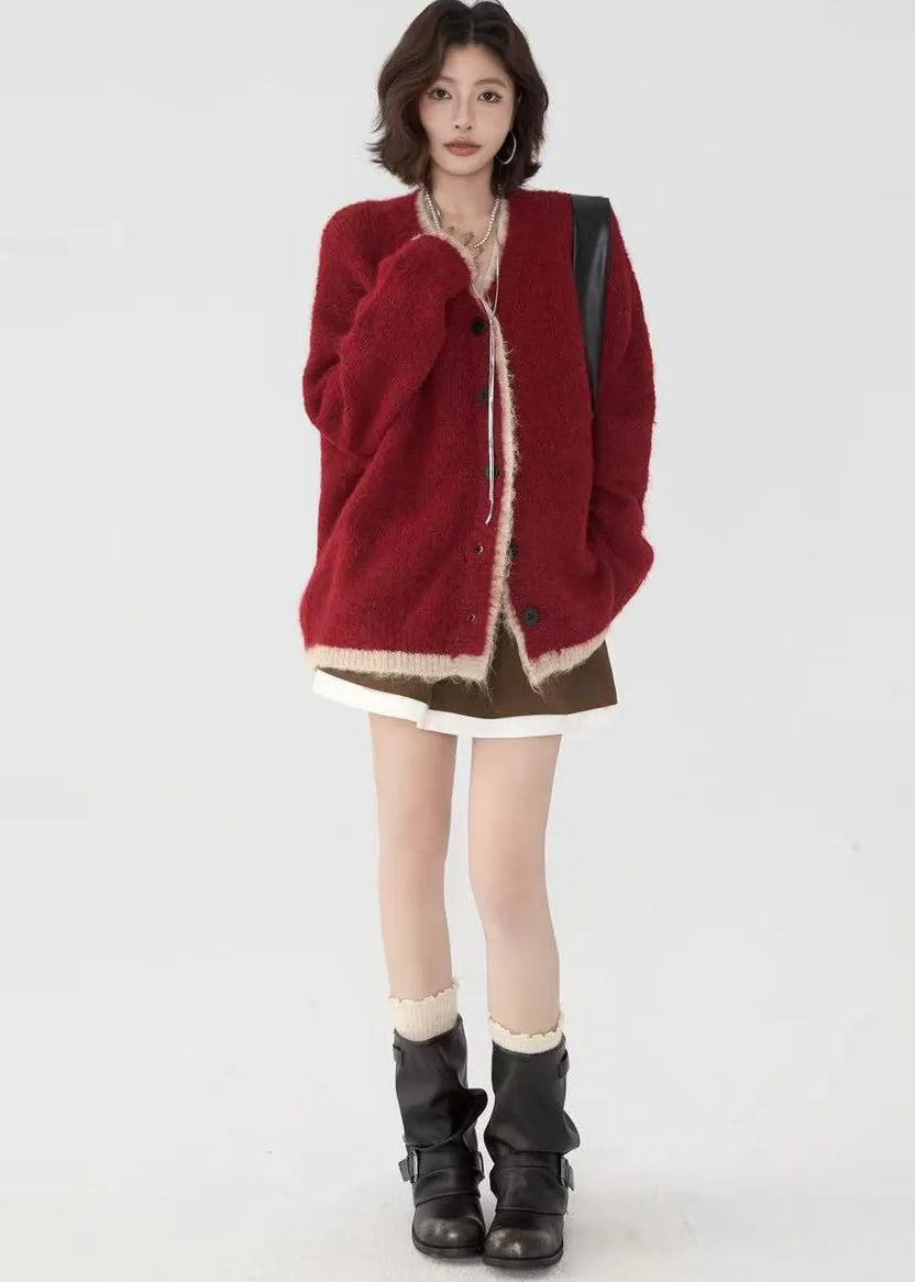 Stylish Red Oversized Patchwork Knit Fake Two Piece Cardigans Winter