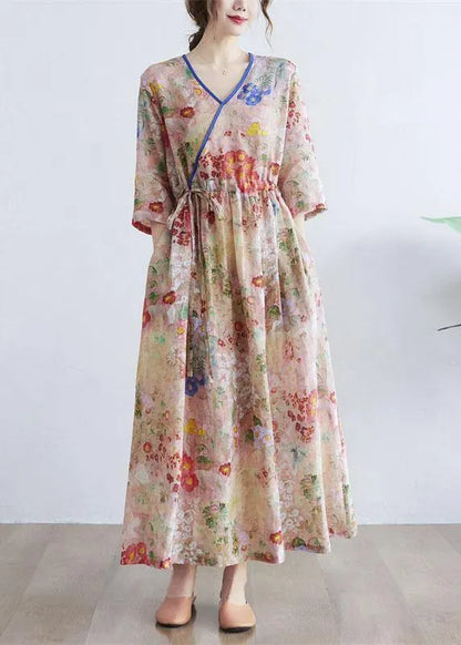 Simple Print V Neck Summer Tie Waist Long Dresses Half Sleeve
