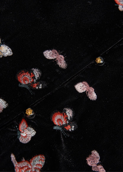 Modern Black Embroidered Butterfly Silk Velvet Vest Fall