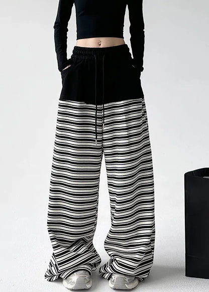 Black White Striped Pockets Tie Waist Wide Leg Pants Sprin
