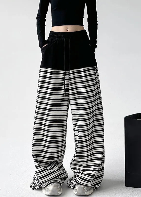 Black White Striped Pockets Tie Waist Wide Leg Pants Sprin