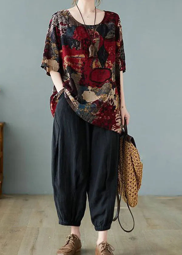 Red O Neck Print Patchwork Cotton T Shirt Summer