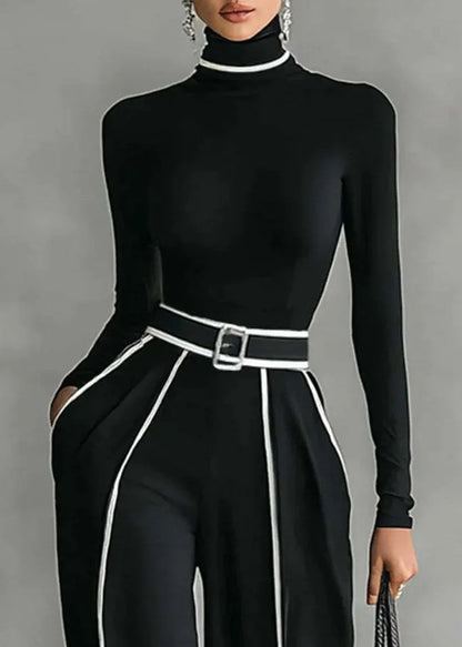 Italian Black Hign Neck Top and Pants Cotton Sets 2 Pieces Spring