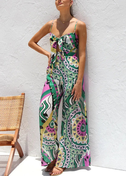 Stylish Green Print Chiffon Spaghetti Strap Jumpsuits Summer