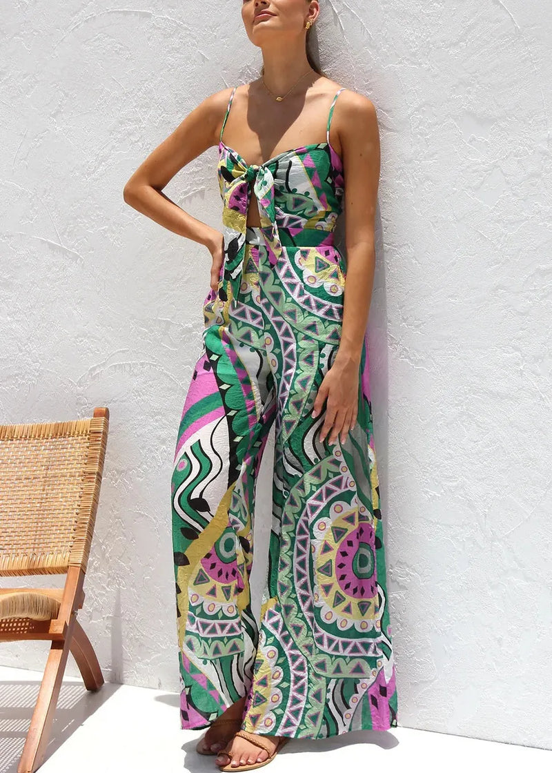 Stylish Green Print Chiffon Spaghetti Strap Jumpsuits Summer
