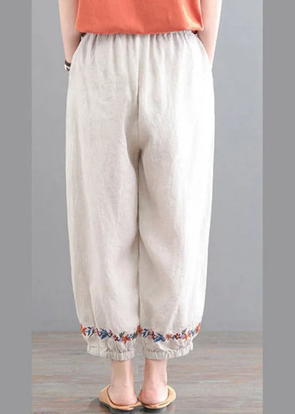 Organic Beige Embroidered Pockets Crop Pants Summer