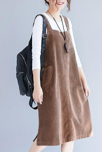 Loose Corduroy Suspender Skirt Outfits