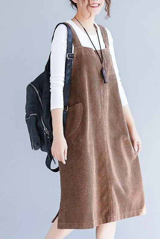 Loose Corduroy Suspender Skirt Outfits