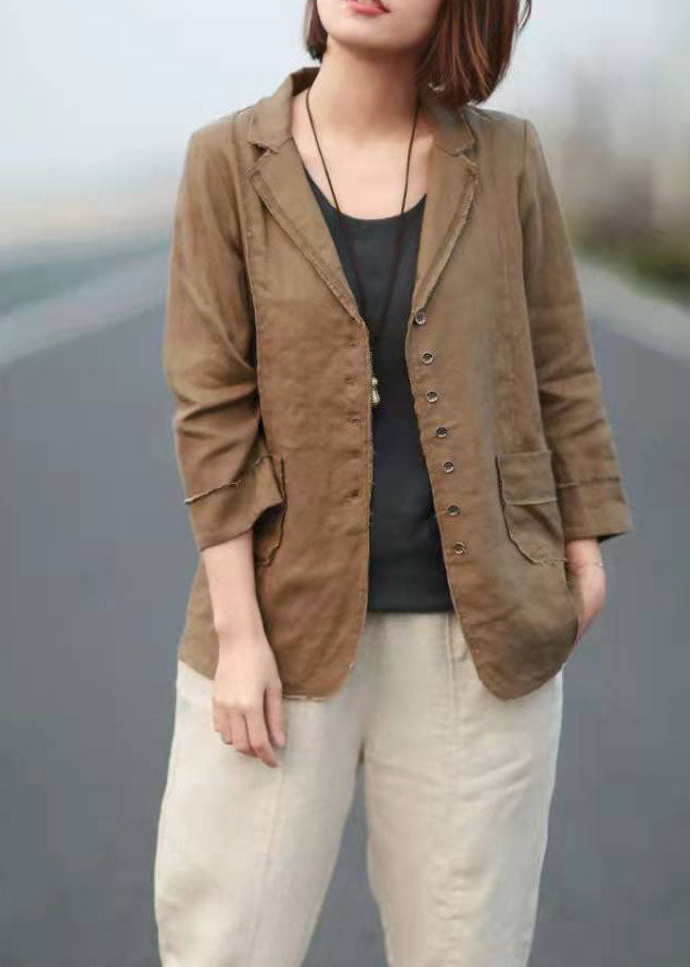 Khaki Patchwork Spring Linen Long Sleeve Tops