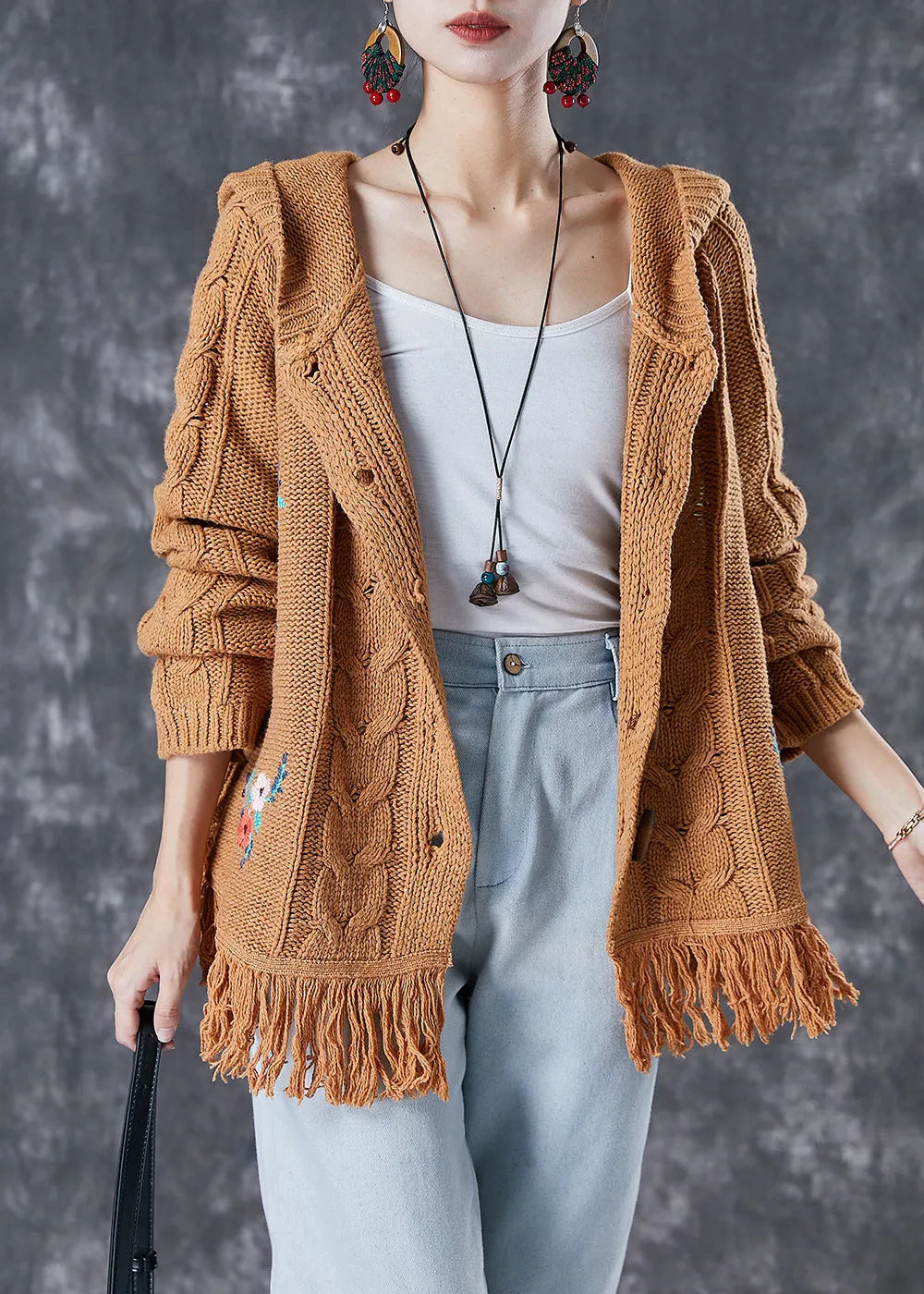 Khaki Embroideried Tasseled Knit Jackets Fall