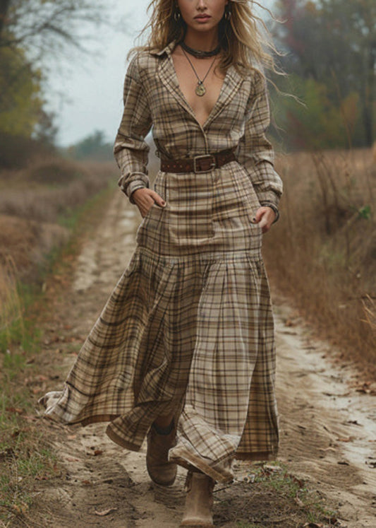V Neck Plaid Patchwork Cotton Maxi Dress Spring
