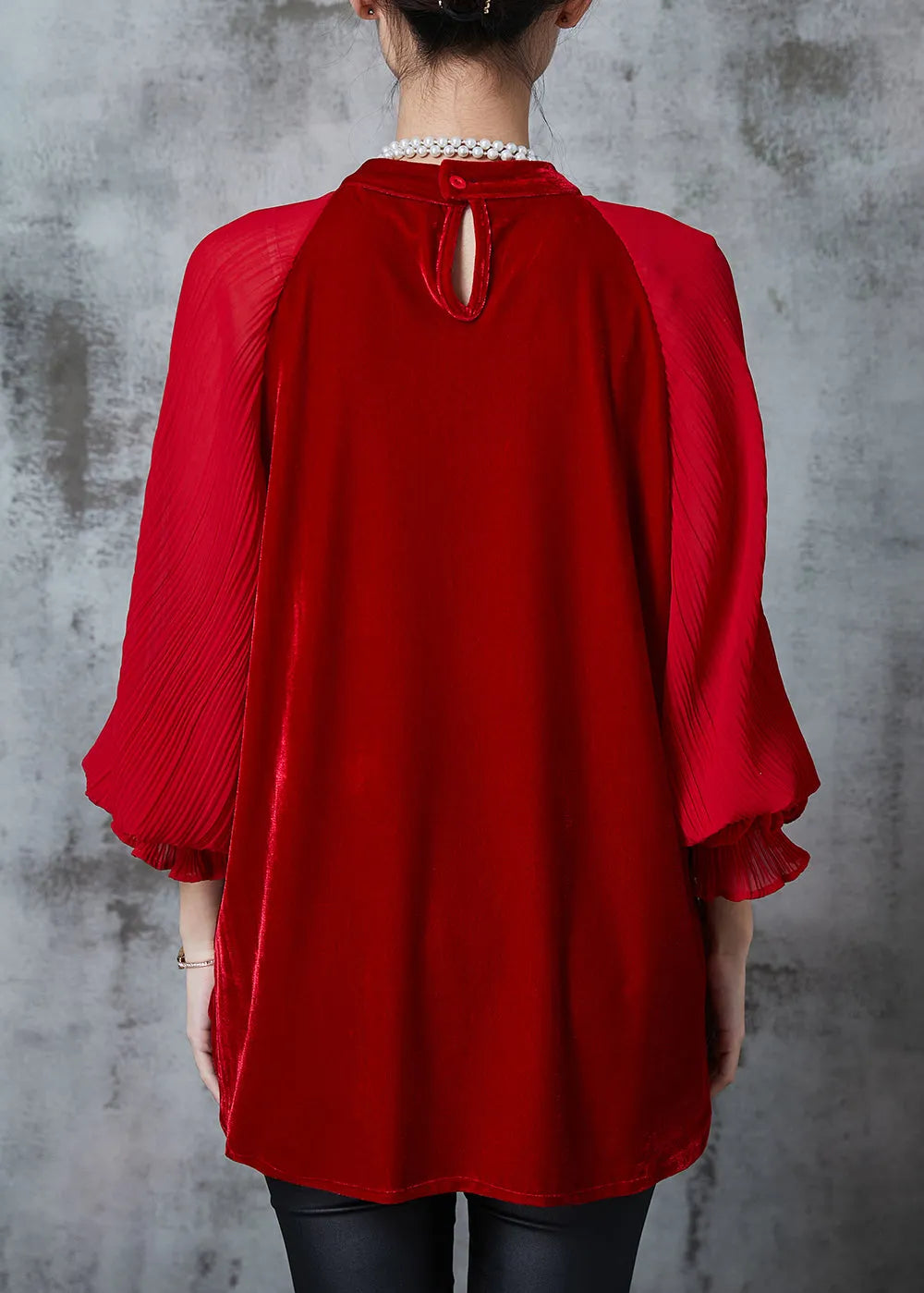 Red Oversized Patchwork Velour Shirt Tops Fall
