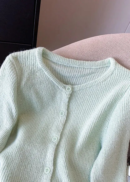 Style Light Green O-neck Button Cotton Knit Cardigan Fall