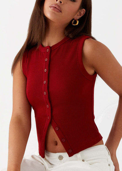 French Grey O Neck Button Knit Vest Top Sleeveless