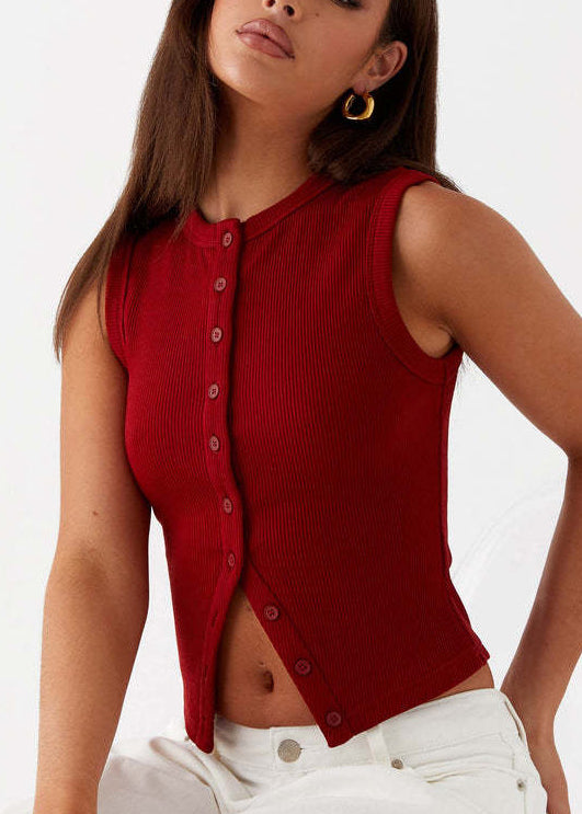 French Grey O Neck Button Knit Vest Top Sleeveless