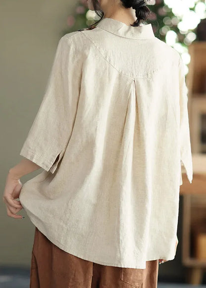 Apricot Peter Pan Collar Button Asymmetrical Design Print Linen Shirts Half Sleeve