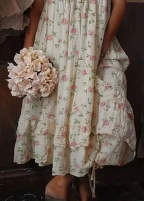 Beige Ruffled Print Cotton Spaghetti Strap Dress Sleeveless